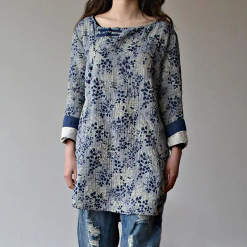 

vetement femme spring and summer shirts women chinese style tops o-neck plate buttons medium-long shirt pluse size print blouse