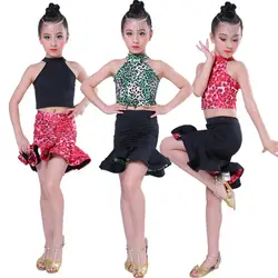 Дети девушка практика латинские танцы платье конкурсное выступление одежда красный черный шить латинское платье девушка юбка для танцев