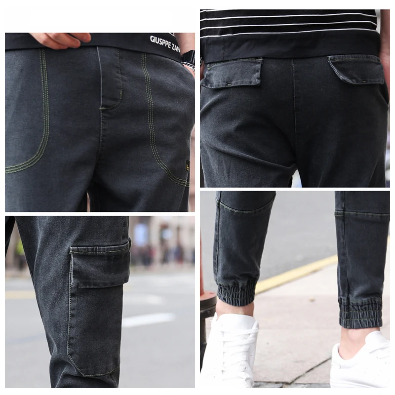 Fashion Denim Jean Pants Men Cargo Jeans Streetwear Hip Hop Harem Jean Trousers Ankle-Length Large Cargo Pockets Plus Size 7XL