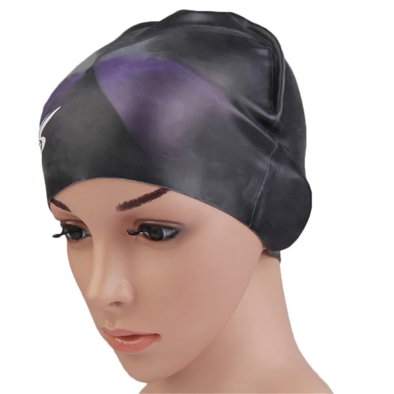 Женская шапочка для плавания, эластичная мягкая силиконовая шапочка для плавания, легкая водонепроницаемая многоцветная Защитная шапка для длинных волос - Цвет: B