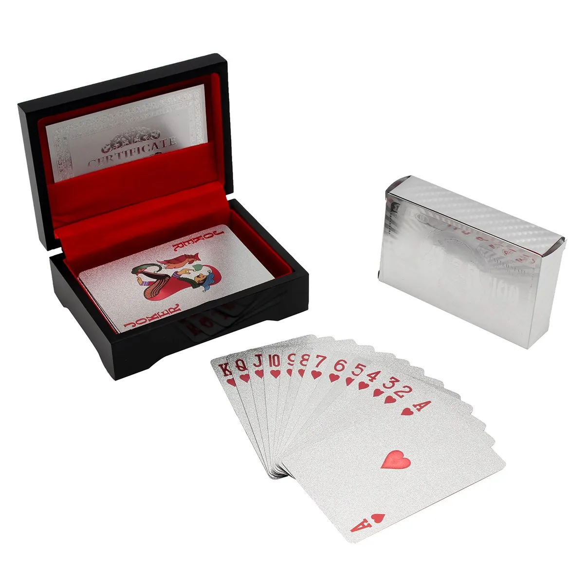 Goedkoop Volledige Dek 54 Kaarten Incl 2 Joker Kaarten Verzilverd Spelen kaarten Met Certificaat in Zwarte Houten Doos Beste Gift Voor Kaart Lover