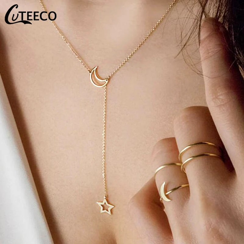 

CUTEECO Fashion Moon Star Chain Necklace Jewelry 2018 Simple Gold Color Pendant Necklaces for Women Girl Bijoux
