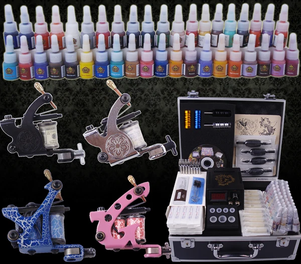 

4 Tattoo Machines 40 Colors Ink Power Supplies Grips Body Arts Supplies Needles Tips Tattoo Beginner Kits with Carry Box