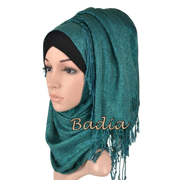 10 шт. разноцветные однотонные блестящие Шиммер хиджаб шарф блестящие шарфы с кисточками мусульманская вискоза люрекс шаль исламские женские шарфы