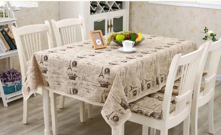 Europe Style Linen Cotton Table Cloth Rectangular Lace Edge Tablecloth Letter Pr