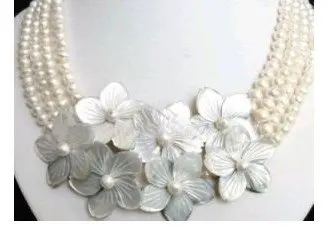 

Nobler 4 Rows white pearl & shell flower necklace Fashion Free shipping