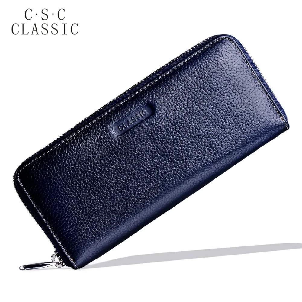Long Wallet Womens Blue Real Genuine Leather Zipper Wallets Women