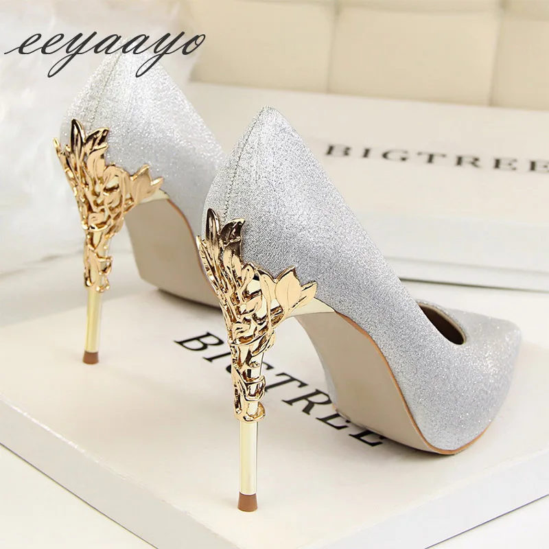 

2019 New Spring/Autumn Women Pumps High Thin Heel Pointed Toe Shallow Metal Decoration Sexy Party Women Shoes Silver High Heels