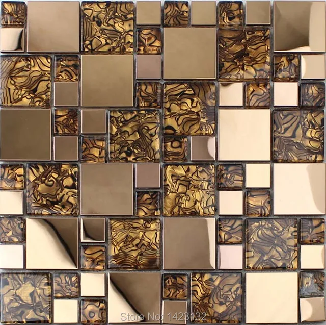 Metal and glass blend mosaic tile brown crackle crystal backsplash  stainless steel with base
