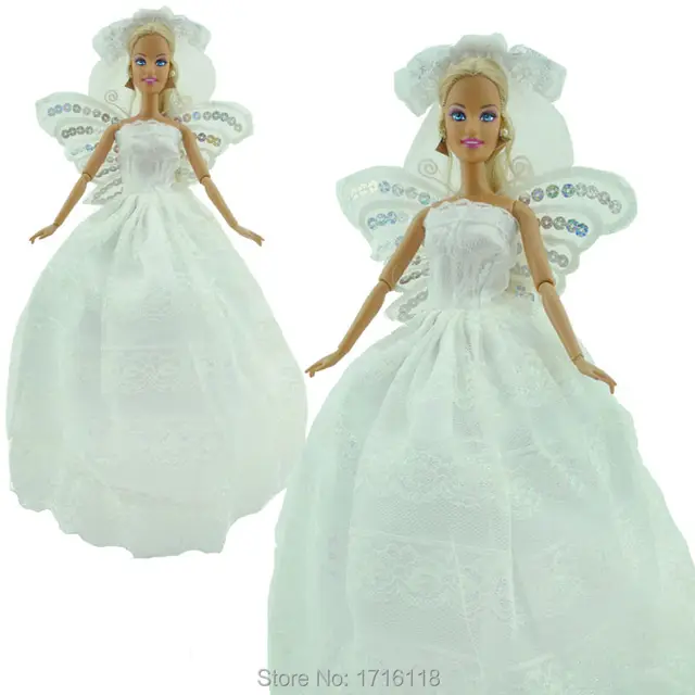 Pure White Hochzeit Kleid Prinzessin Kleid Mit Pailletten Schmetterlingsflügel schleier Kleidung Für Barbie-puppe FR Pure White Hochzeit Kleid Prinzessin Kleid Mit Pailletten ...