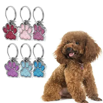 

Pet Collar Tag Shiny Glitter Paw Shape Pet Dog Cat ID Tag Keychain With Ring