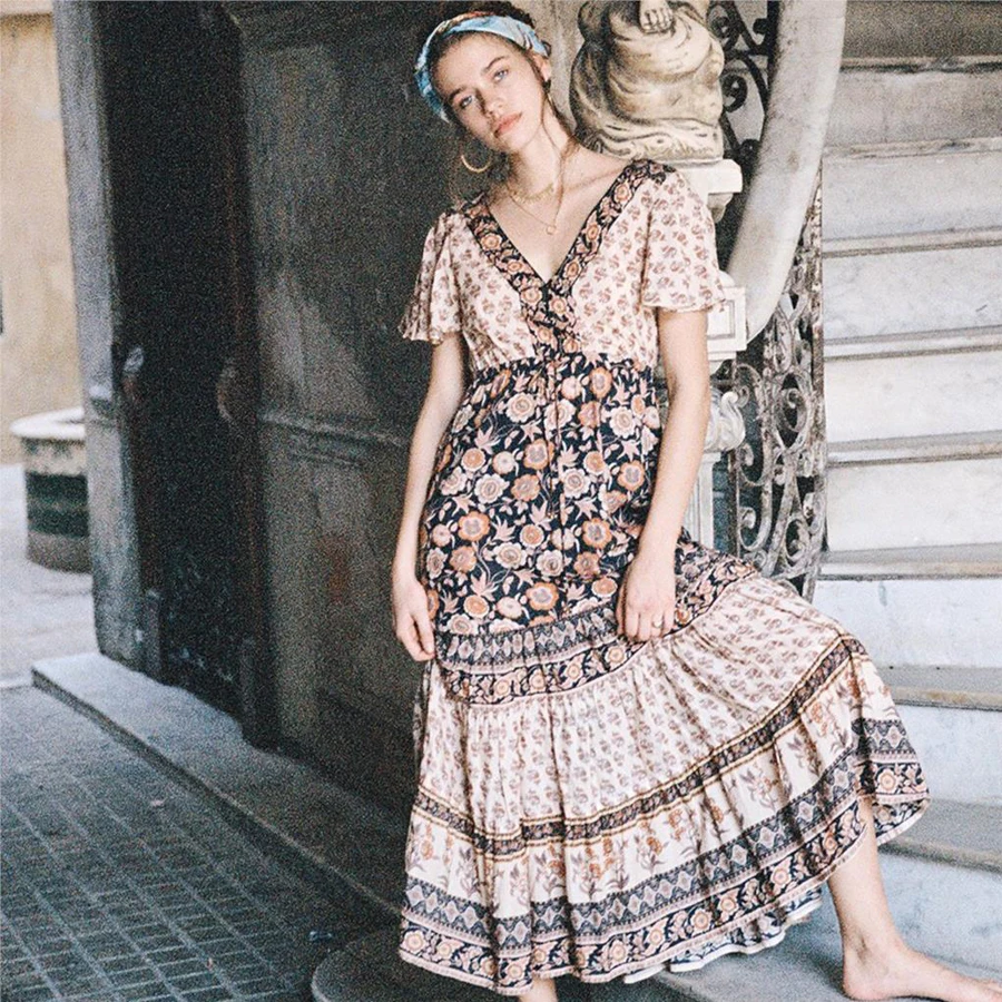 TEELYNN BOHO платье для женщин с цветочным принтом платья v ncek пляжная одежда летние