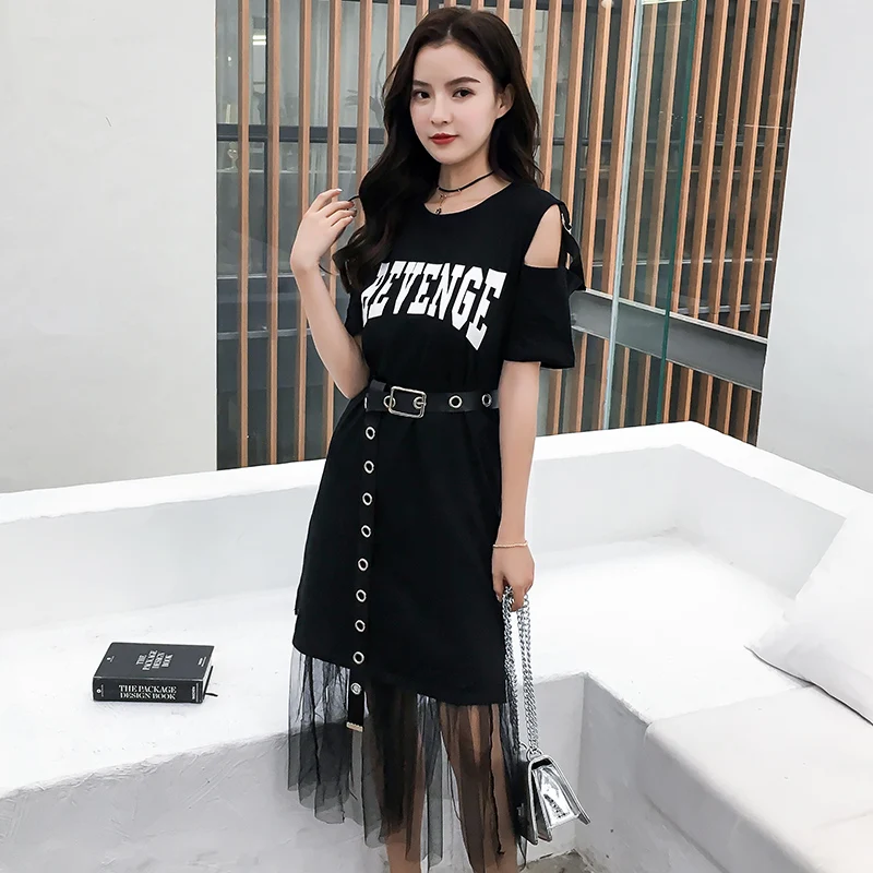 

Summer Dress Women 2 Piece Set Long Strapless T-shirt +Mesh See Through Dress Sets Women Holes Belt Dress Suits Dresses Women