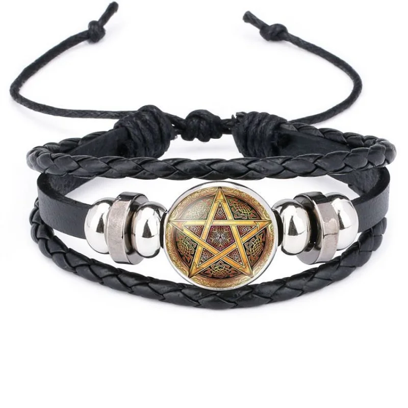 Черный оккультный перевернутый Знак Звезды пентаграмма сатанинская пентаграмма Звездные символы стеклянные кожаные браслеты для мужчин и женщин ювелирные изделия