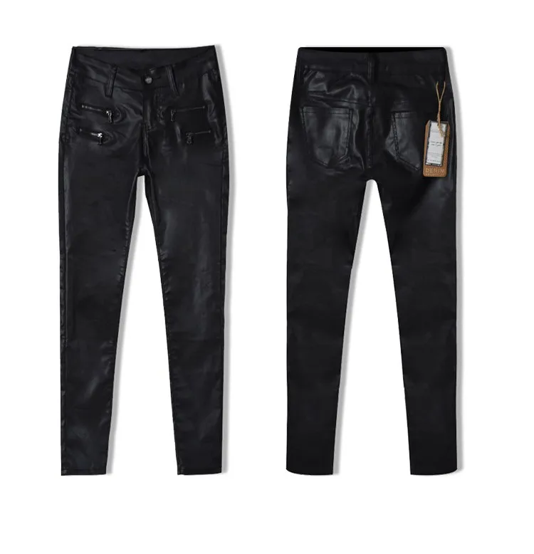 European and American women's hot style low waist slim foot PU leather trousers double zipper (9)
