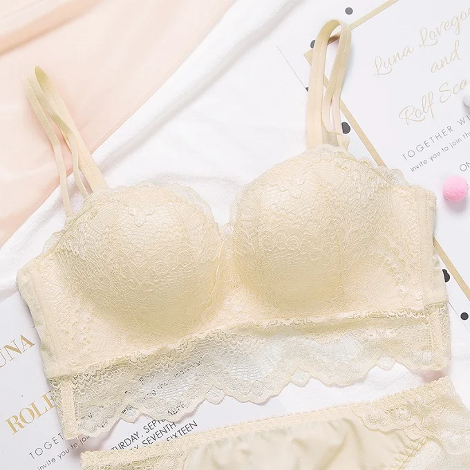 Beige Женское нижнее белье без колец с кружевным краем, массажная чашечка для ладони, удобный сексуальный бюстгальтер с эффектом пуш-ап, верхний кронштейн 85B 85C 80B 80C - Цвет: Beige