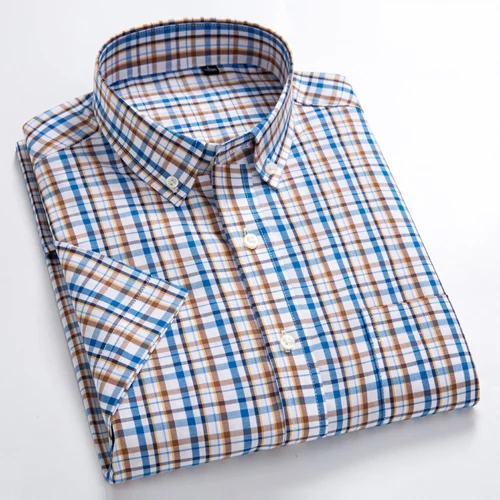 Мужские повседневные клетчатые рубашки с коротким рукавом, стандартные, летние, тонкие, мягкие, хлопок, на пуговицах, клетчатые, полосатые рубашки - Цвет: F979