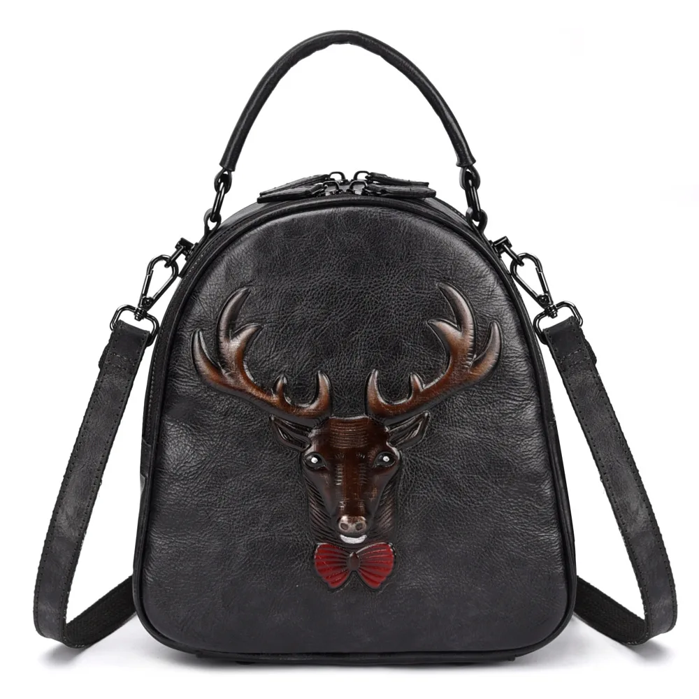 Высококачественный рюкзак из натуральной кожи, рюкзак с тиснением в стиле ретро для девочек, сумка через плечо, женский рюкзак, женский рюкзак из натуральной кожи - Цвет: Black
