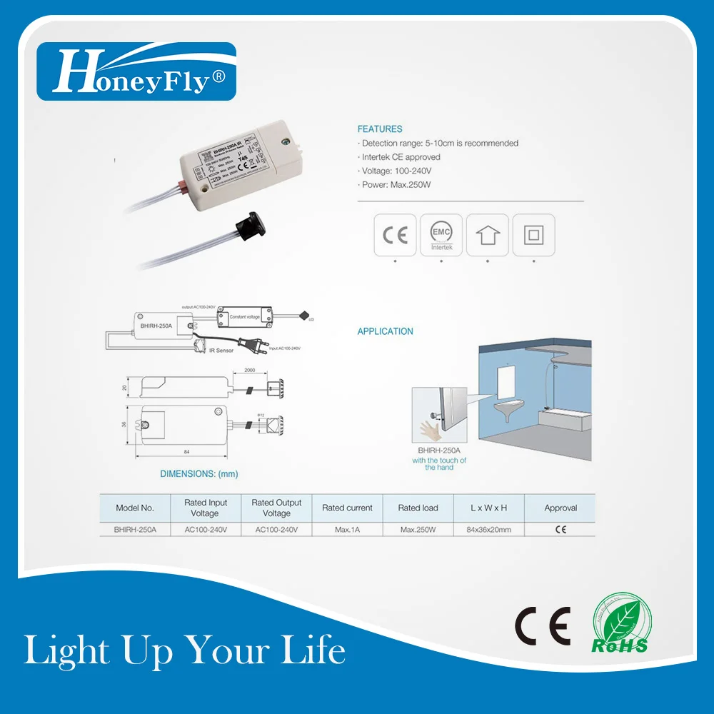 Запатентованный ИК-датчик HoneyFly 250 Вт 100-240 В(макс. 70 Вт для светодиодов) Инфракрасный датчик AI переключатель датчик движения Автоматическое включение/выключение 5-10 см