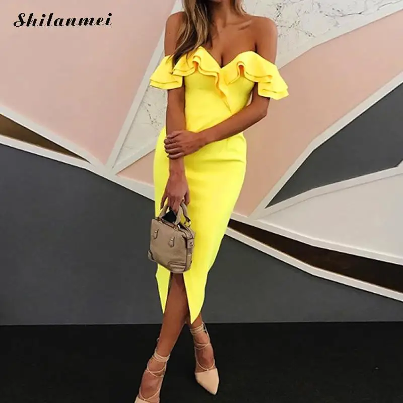 

Fashion Solid Skinny Off Shoulder Ruffle Midi Dresses Women Slim Split Slash Neck Dress Summer Party Club vestidos verano 2018