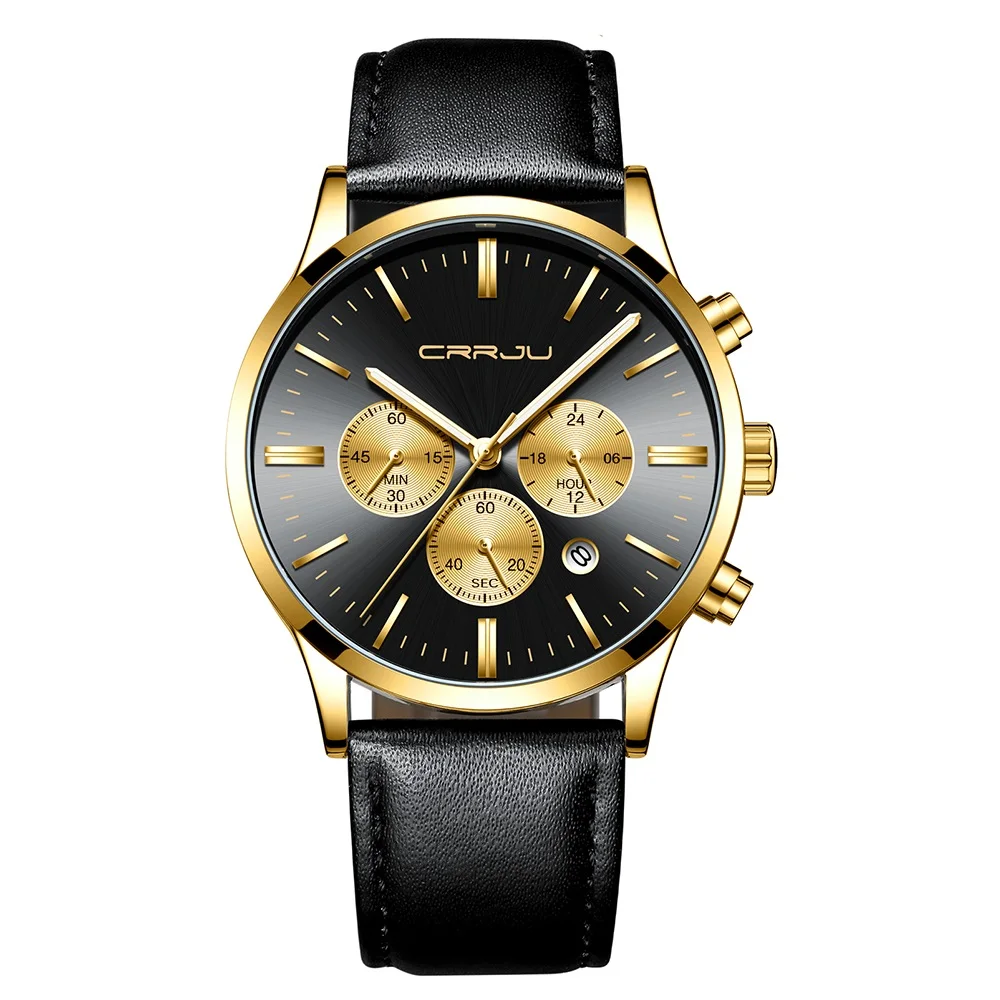 Мужские часы, модные мужские спортивные кварцевые часы, мужские часы с хронографом, Топ бренд, роскошные Бизнес водонепроницаемые часы - Цвет: Leather gold black