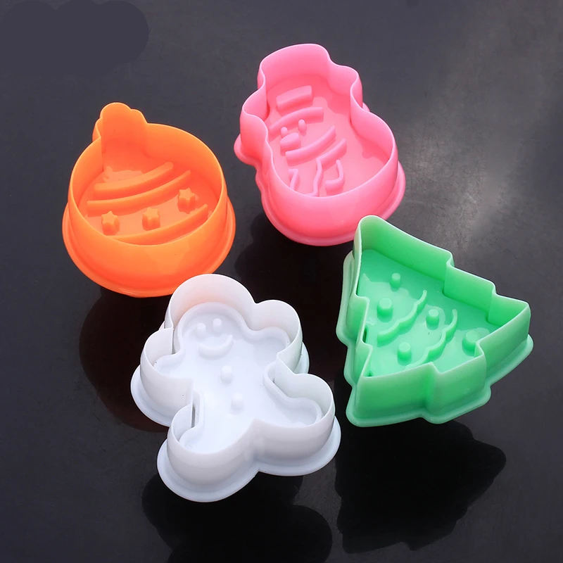 

4pcs Stamp Biscuit Mold 3D Cookie Plunger Cutter Pastry Decorating DIY Food Fondant Baking Mould Tool Christmas Tree Snowman