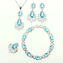 Novia Mujeres 4 UNIDS Sistemas de la Joyería de Plata de Ley 925 Natural de Cristal Azul Circón Collar/Pendiente/Pendientes/Anillo/pulsera Caja de Regalo
