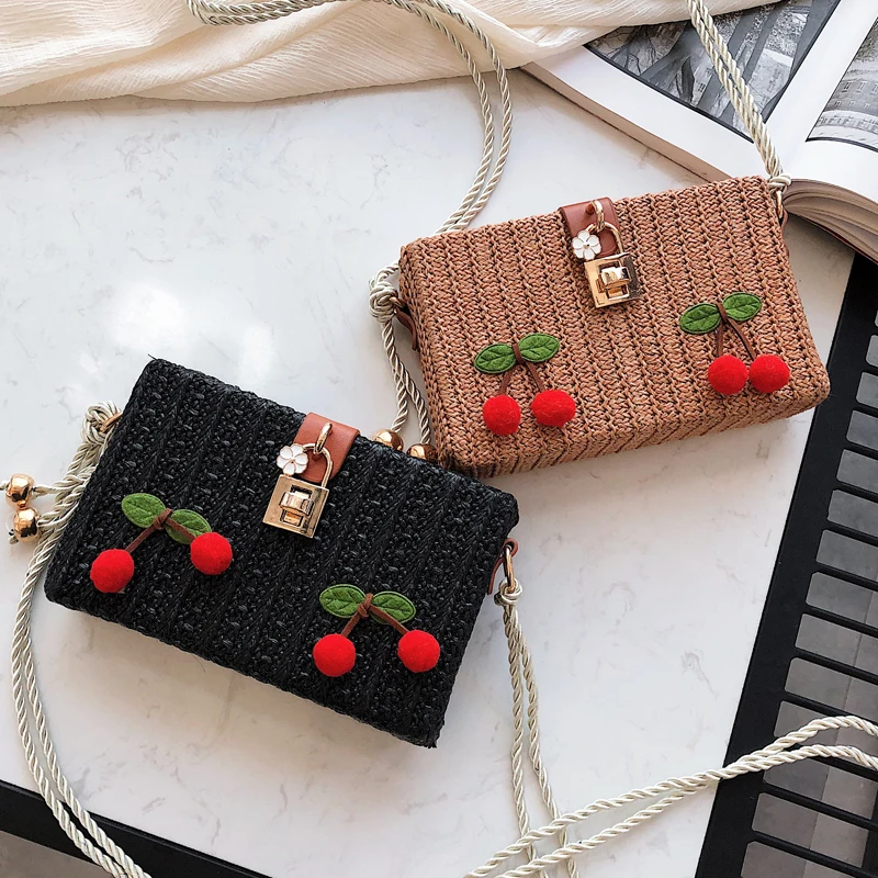 

Straw Fashion Buckle Cherry Decorating Box Female Flap Shoulder Bag Tote Crossbody Mini Bag Clutch Bag For Women Bolsa