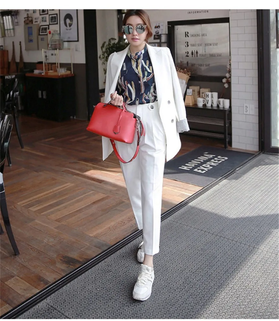 Double Breasted Solid Blazer Jacket  Zipper Pant OL Suit Women Long Sleeve Business Suits Outfits 2018 Two Pieces Sets