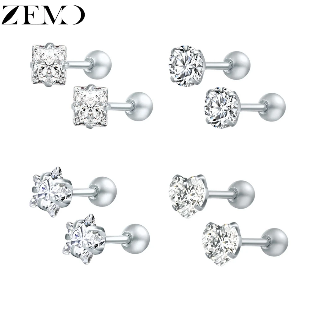ZEMO 4 пары звезда серьги-гвоздики для женщин сердце серебряные шпильки с кубическим цирконием женские круглые украшения для ушного пирсинга вечерние подарок