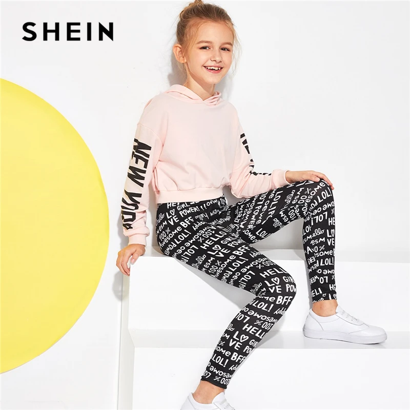 SHEIN Kids/повседневные штаны для девочек с эластичной резинкой на талии и буквенным принтом; детская одежда; коллекция года; сезон весна; уличная одежда; обтягивающие брюки; повседневные Леггинсы