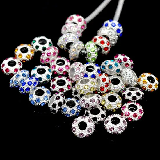 Free Shipping 100PCs Silver Plated Mixed Rhinestone Spacers Beads Fit Charm Bracelets 10x6mm