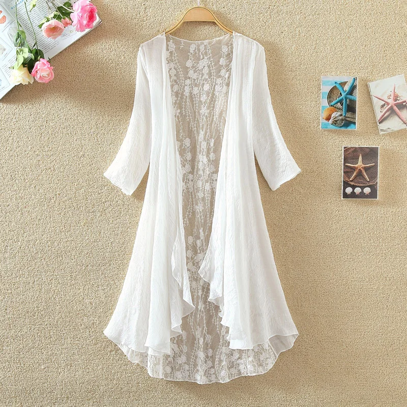 

women girl Spring Summer Sunscreen Lace Stitching Air Conditioning Shirt Three Quarter Sleeve Medium Long Cotton Hemp Thin Shawl