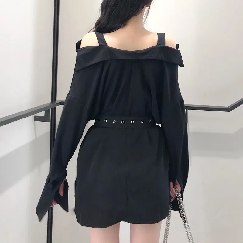 Autumn New Women's V-Neck Office Blouse Fashion Belt Buckle Off The Shoulder Long Shirts Solid Lady Blouse Black Tops