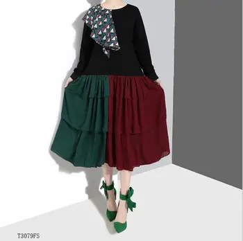 

European style 2019 New arrivals summer Spring fashion women clothes patchwork printing loose casual dress T3079