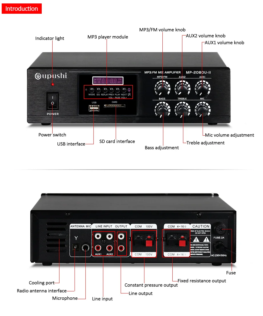 Oupushi новейший мини усилитель мощности 80 Вт для системы PA Bluetooth пульт дистанционного управления с функцией FM радио