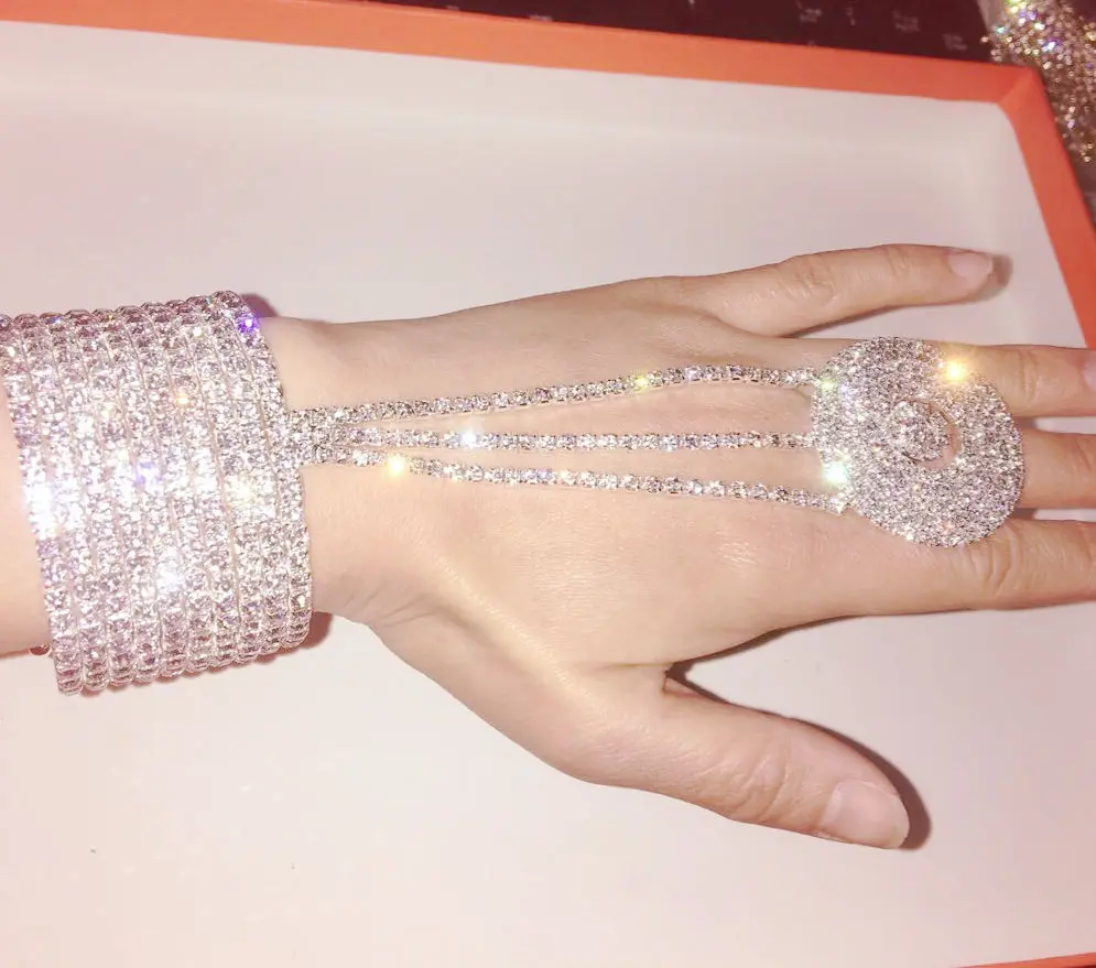 Серебряное кольцо-цепочка с кристаллами для невесты, браслет на запястье, стразы, украшение на руку, свадебное кольцо на манжете, набор золотых колец - Окраска металла: Silver
