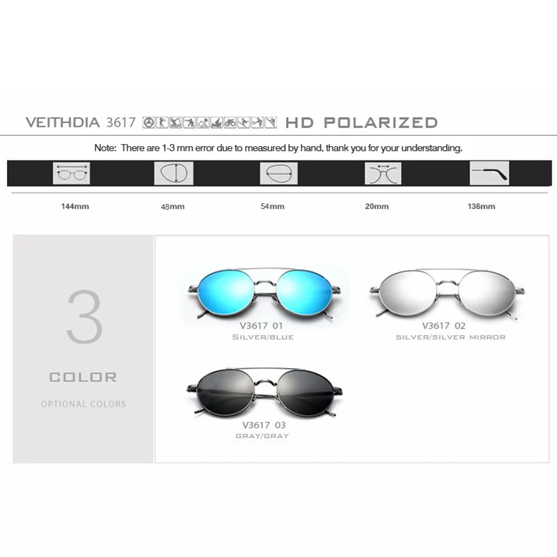 Бренд VEITHDIA, круглые Модные мужские солнцезащитные очки, поляризационные, зеркальные линзы, Винтажные Солнцезащитные очки, мужские очки для женщин, gafas oculos 3617
