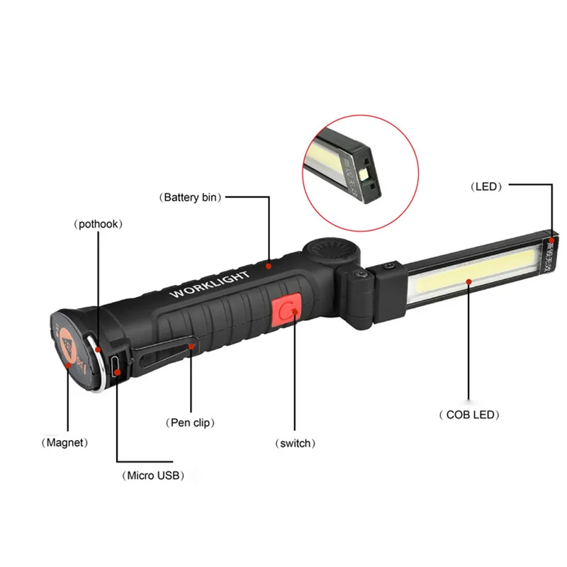 Белый+ красный светильник ing COB флэш-светильник 5 режимов фонарь USB Перезаряжаемый светодиодный рабочий светильник Магнитный фонарь COB подвесные крючки для лампы для лагеря