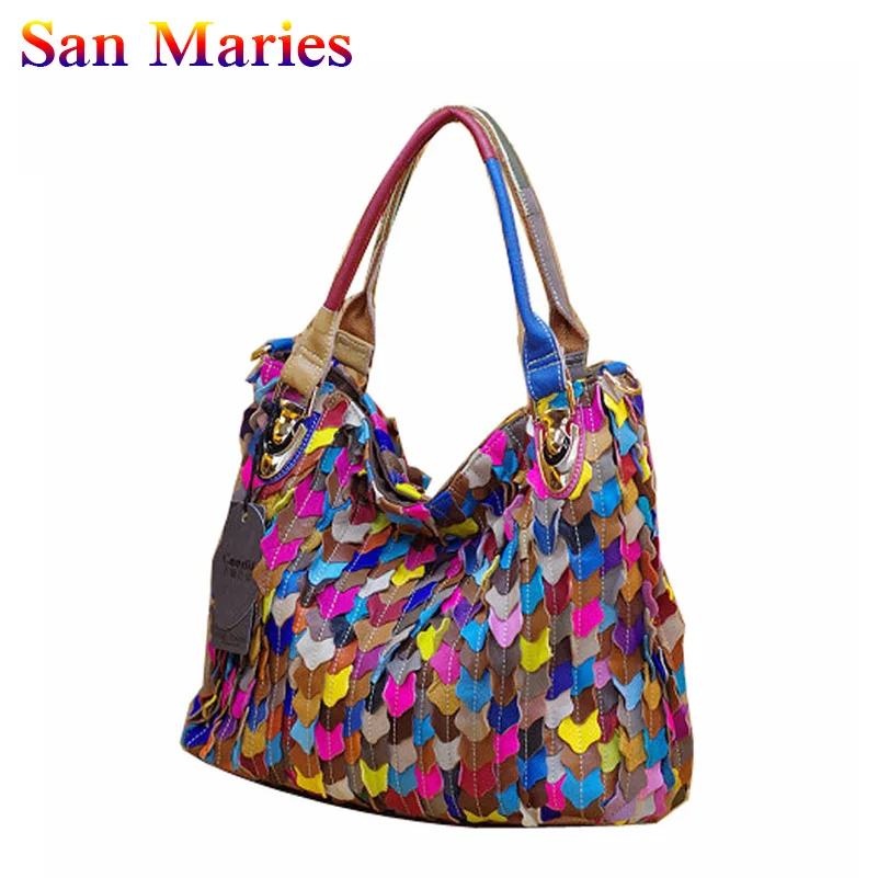 

San Maries Women Cow Leather Handbags 2019 Women's Casual Tote Bags Female Patchwork Handbags