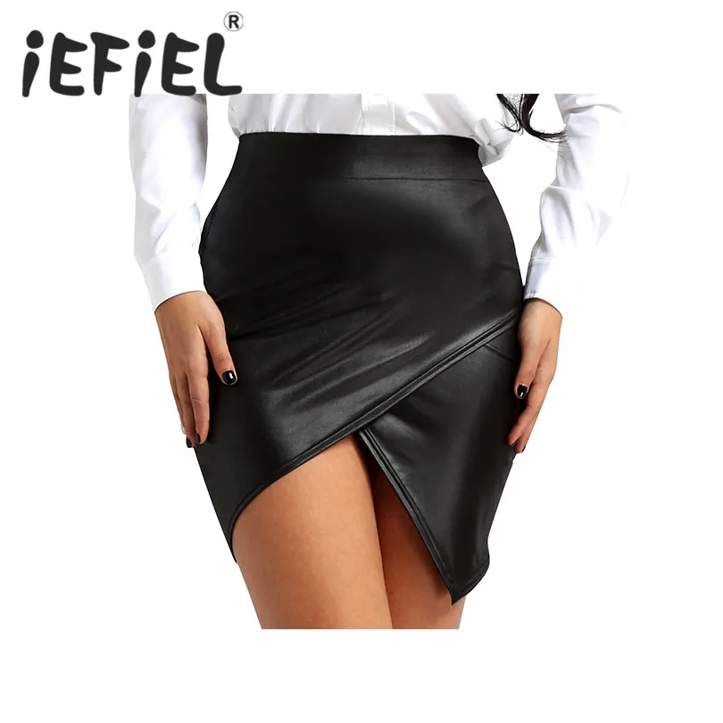 

New Arrival Women Black Wet Look Faux Leather High Waist Asymmetric Side Slit Bodycon A-Line Pencil Skirt for Clubwear Costumes