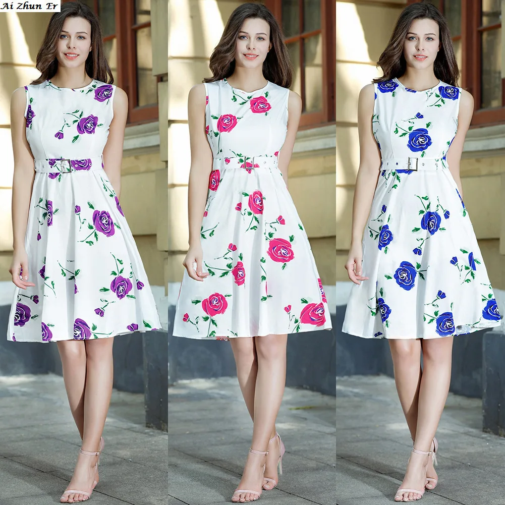AiZhunEr High Quality Rose Printing Dress 2017 New woman dresswomen