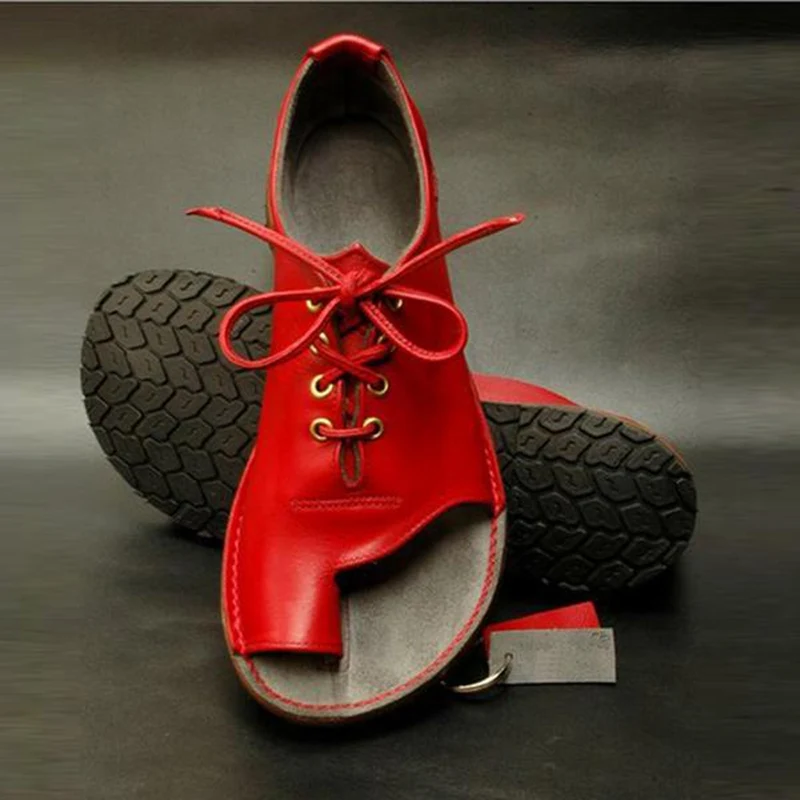 

SHUJIN Fashion Women PU Leather Sandals Comfy Plat Flat Shoes Sole Casual Soft Big Toe Foot Correct Sandals Lace Up Shoes