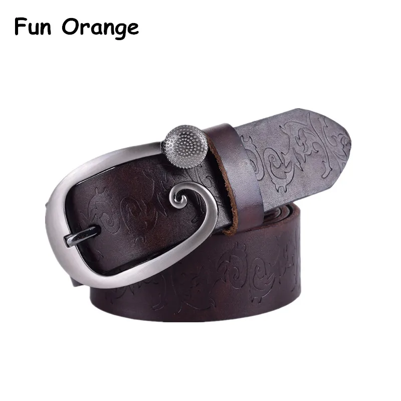 Fun Orange Genuine Leather Women Belt Embossing Pin Buckle Belts Women