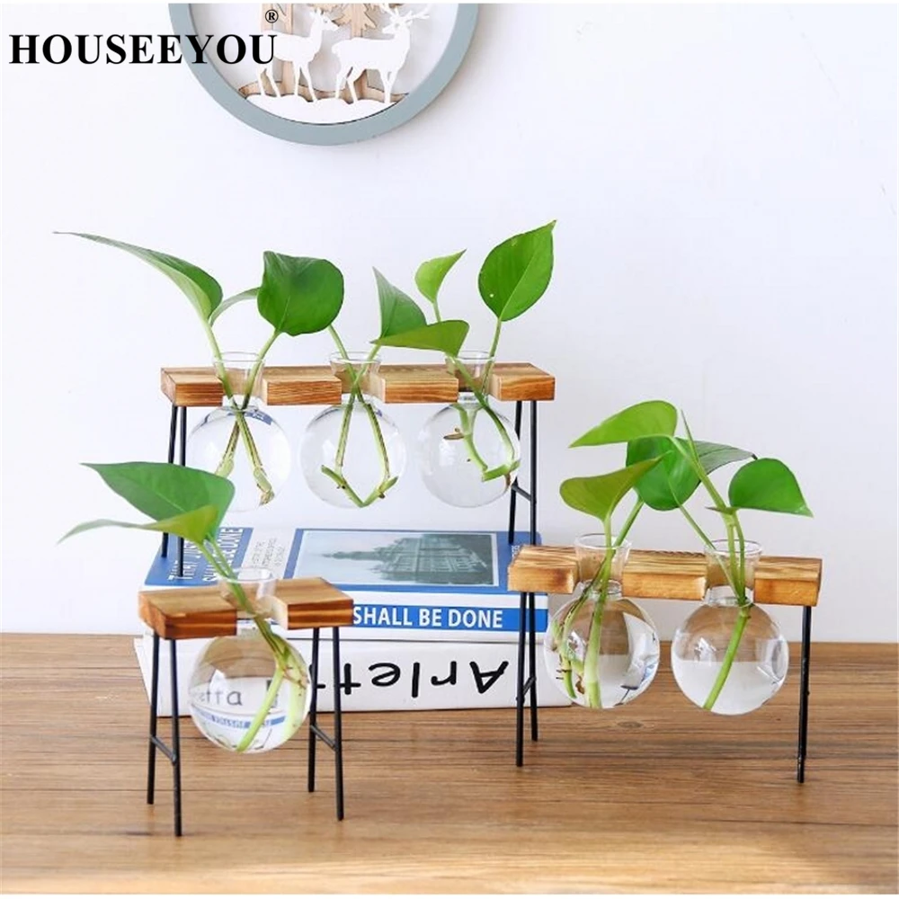 

Terrarium Glass Bottle Vase Hydroponic Plant Transparent Flowerpot Wood Frame Coffee Shop Room Decor Table Desk Decoration Vase