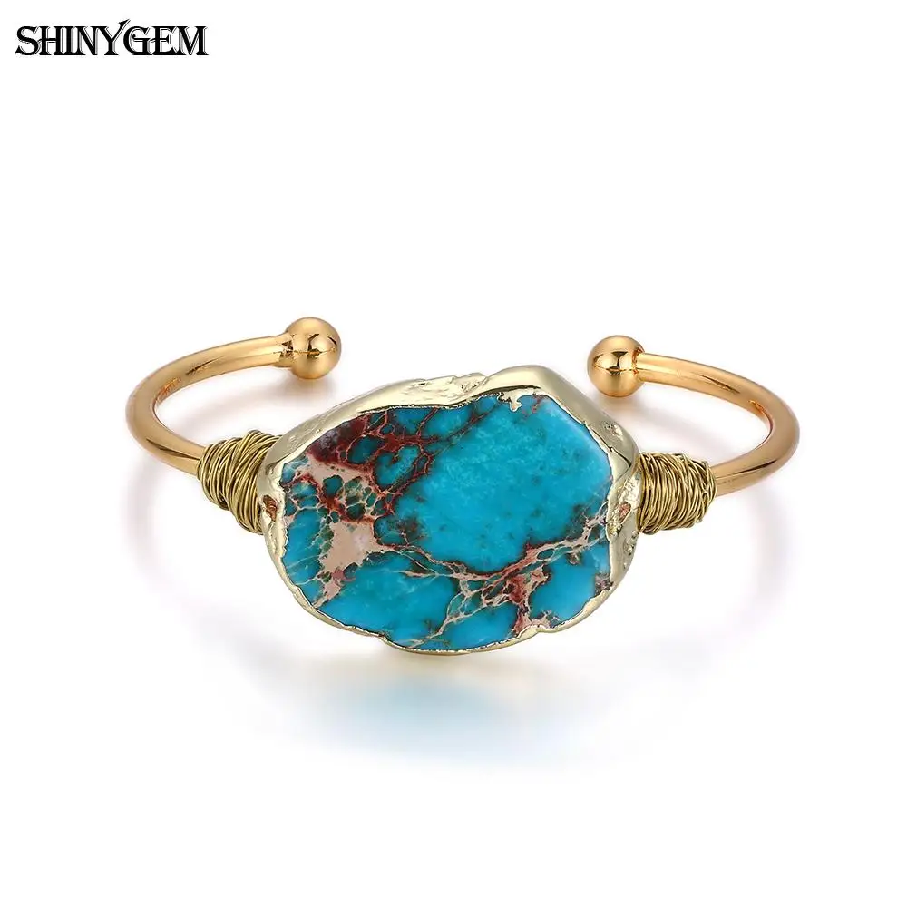 ShinyGem браслет с природными камнями винтажный необычный большой Jaspers камень браслет ручной работы Золотая проволока открытый манжета браслеты для женщин - Окраска металла: Sea Blue