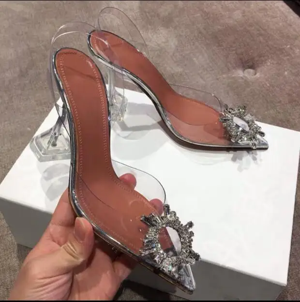 

Transparent sandals 2019 new word with high heel crystal shoes stiletto pointed back empty single shoes fairy female shoes