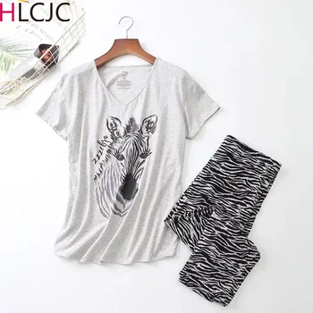 

Big Size S-XXXL Summer Womens Cotton Thin Short Sleeves Calf-Length Pants Pajamas V Neck Cartoon Sleepwear Pijama Home Clothes
