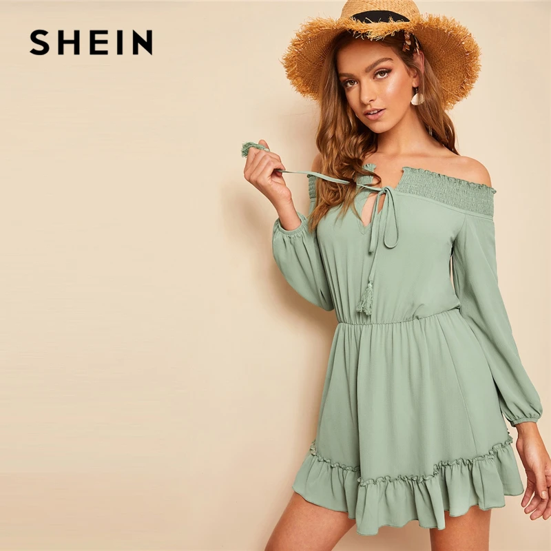 

SHEIN Green Tassel Tie Smocked Off Shoulder Ruffle Hem Dress Bishop Sleeve Modern Lady Long Sleeve Women A Line Dresses