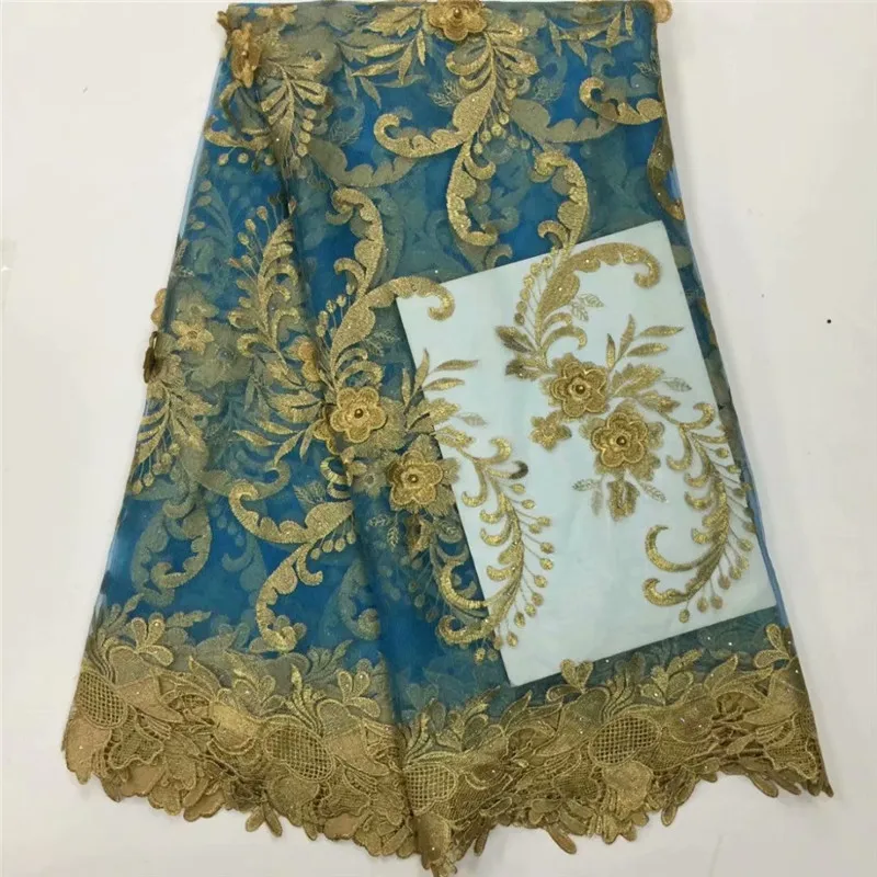 2018 New style French net lace fabric 3D Embroidery flower high quality African tulle 16-9-6pp Sea blue |